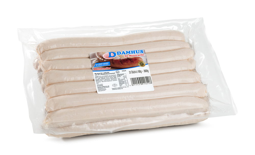 Damhus Bratwurst, 20x180g* , frisch, Naturdarm Eine Großverpackung ungebratener, gerader Bratwurst in einer Vakuumklarsichtverpackung.