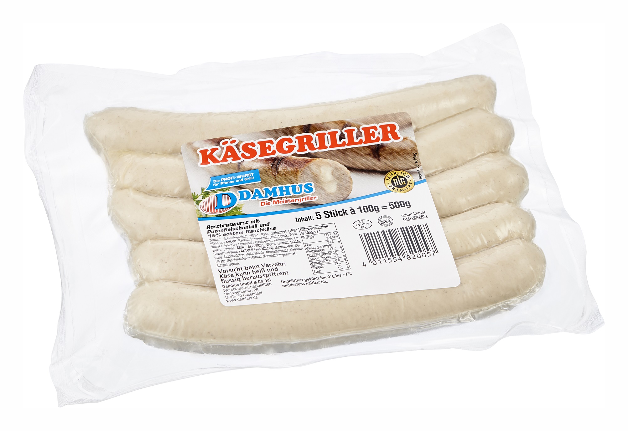 Damhus Käsegriller, 5x100g, Naturdarm 5 ungebratene Bratwürstchen in einer Vakuumklarsichtverpackung.