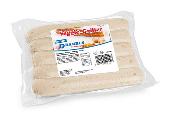 Damhus Veggiegriller , 5x100g, zarte Eigenhaut 5 ungebratene Bratwürstchen in einer Vakuumklarsichtverpackung.