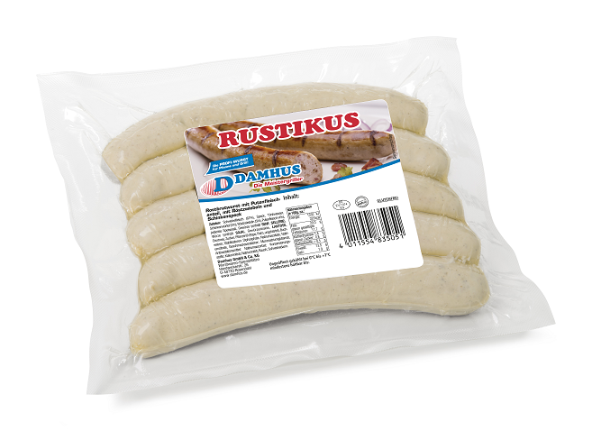 Damhus Rustikus, 5x100g, Naturdarm 5 ungebratene Bratwürstchen in einer Vakuumklarsichtverpackung.