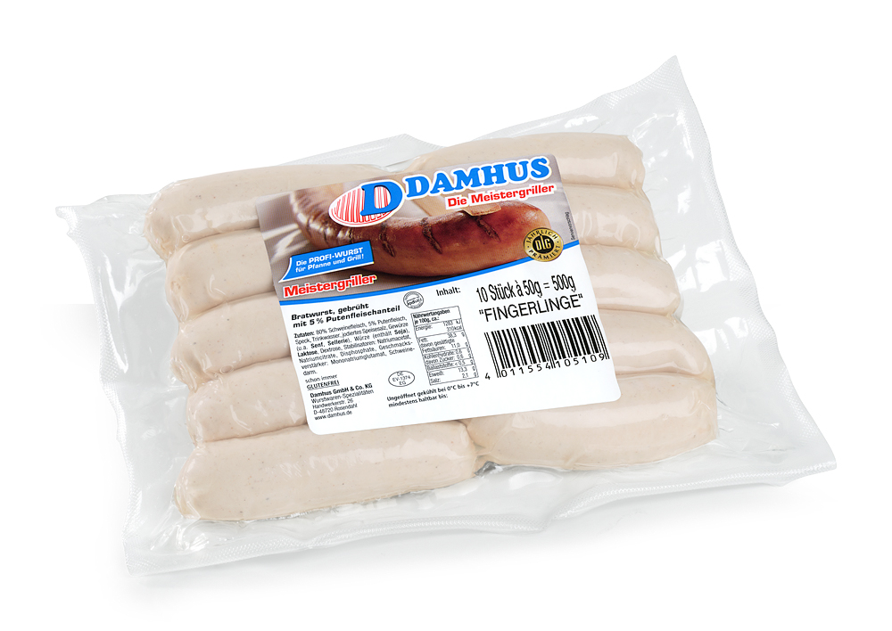 Damhus Bratwurst "Fingerlinge" 10x50g, past., Naturdarm  10 kleine, ungebratene Bratwürstchen in einer Vakuumklarsichtverpackung.
