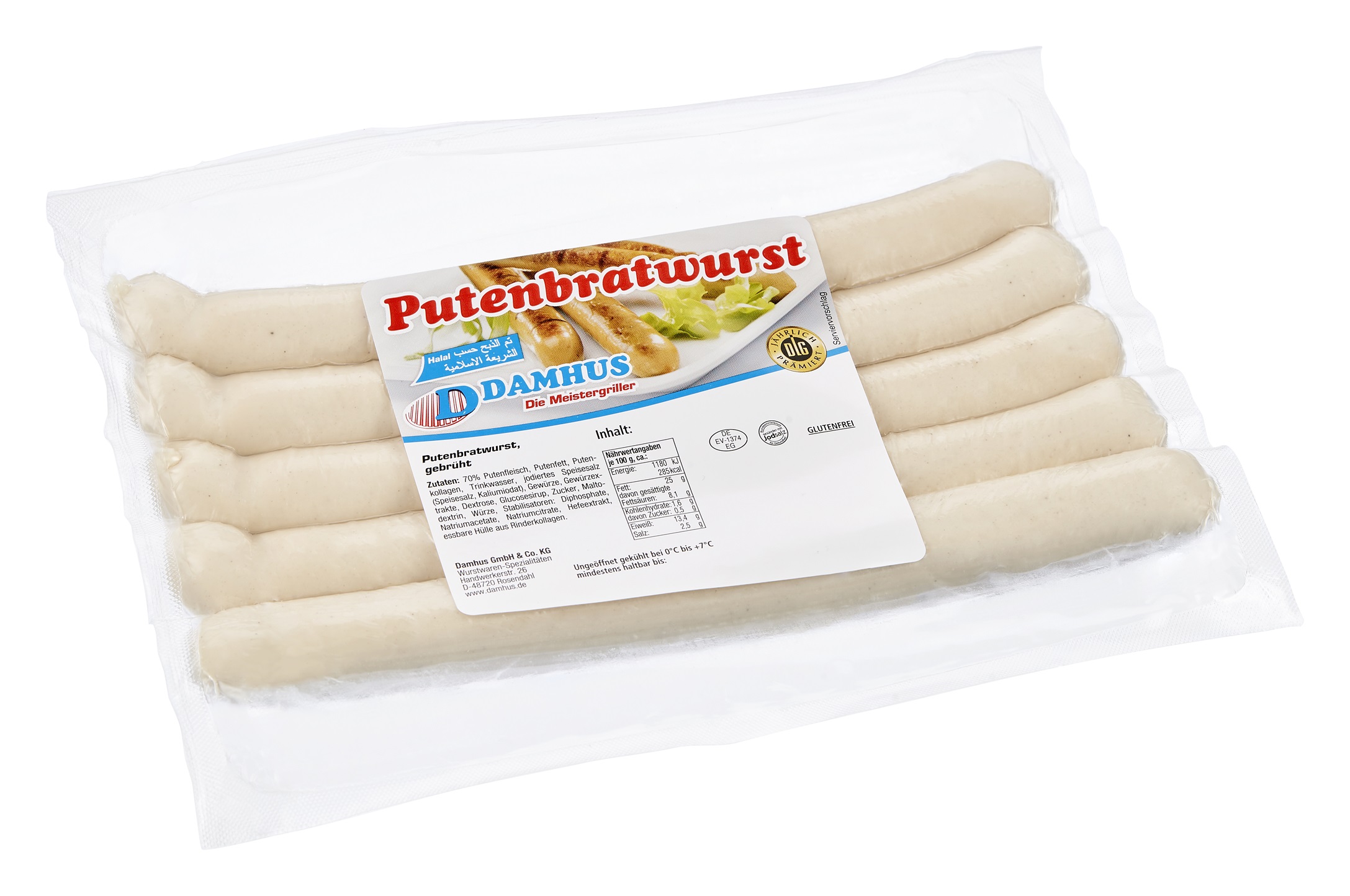 5 ungebratene Putenbratwürstchen in einer Vakuumklarsichtverpackung.