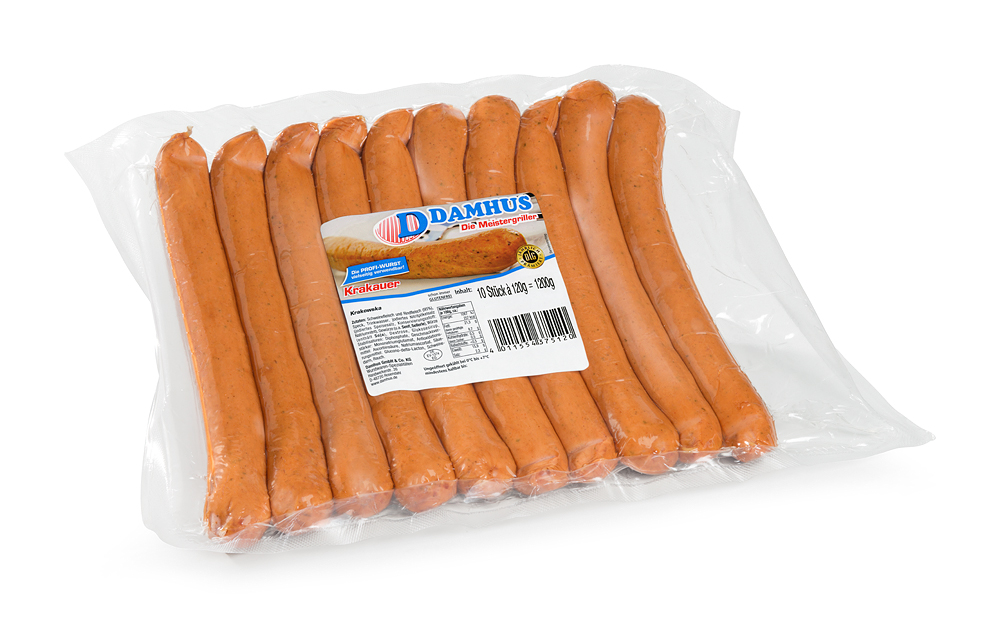 Damhus Krakauer, 10x120g, Naturdarm 10 lange, schlanke Krakauerwürstchen in einer Vakuumklarsichtverpackung.