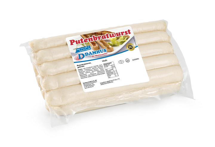 Damhus Putenbratwurst, 10x100g, EWS-Hülle 10 ungebratene Putenbratwürstchen in einer Vakuumklarsichtverpackung.