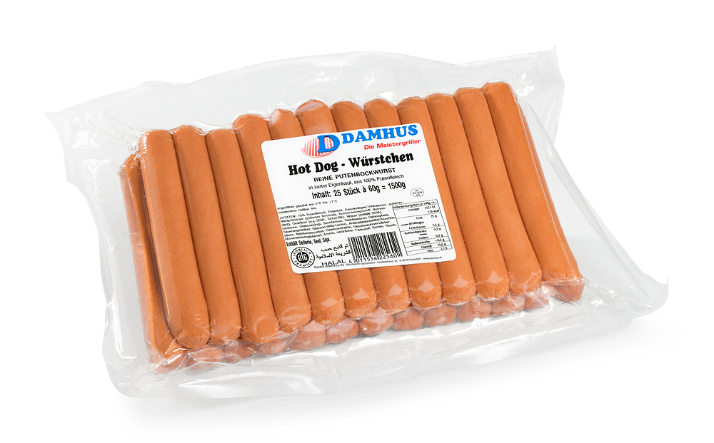 Damhus PUTEN Hot Dog, 25x60g, aus feinem Putenfleisch hergestellt. 25 Hot Dog-Bockwürstchen in einer Vakuumklarsichtverpackung.
