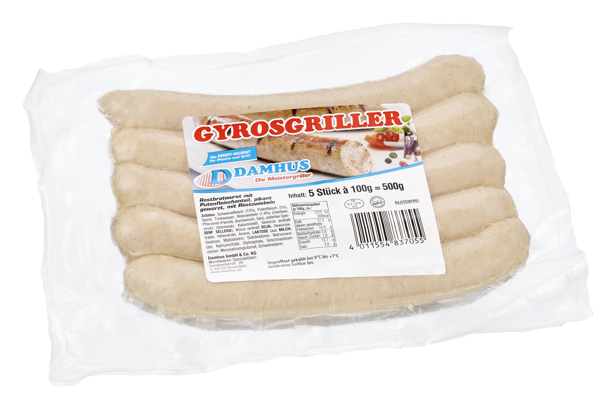 Damhus Gyrosgriller, 5x100g, Naturdarm 5 ungebratene Bratwürstchen in einer Vakuumklarsichtverpackung.