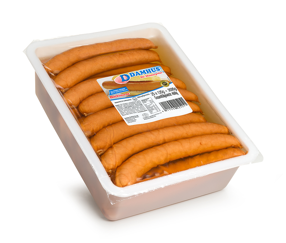 Damhus Bockwurst, 25x120g, Naturdarm Dicke Bockwürstchen in einer großen, verschlossenen Schale mit Flüssigkeit.