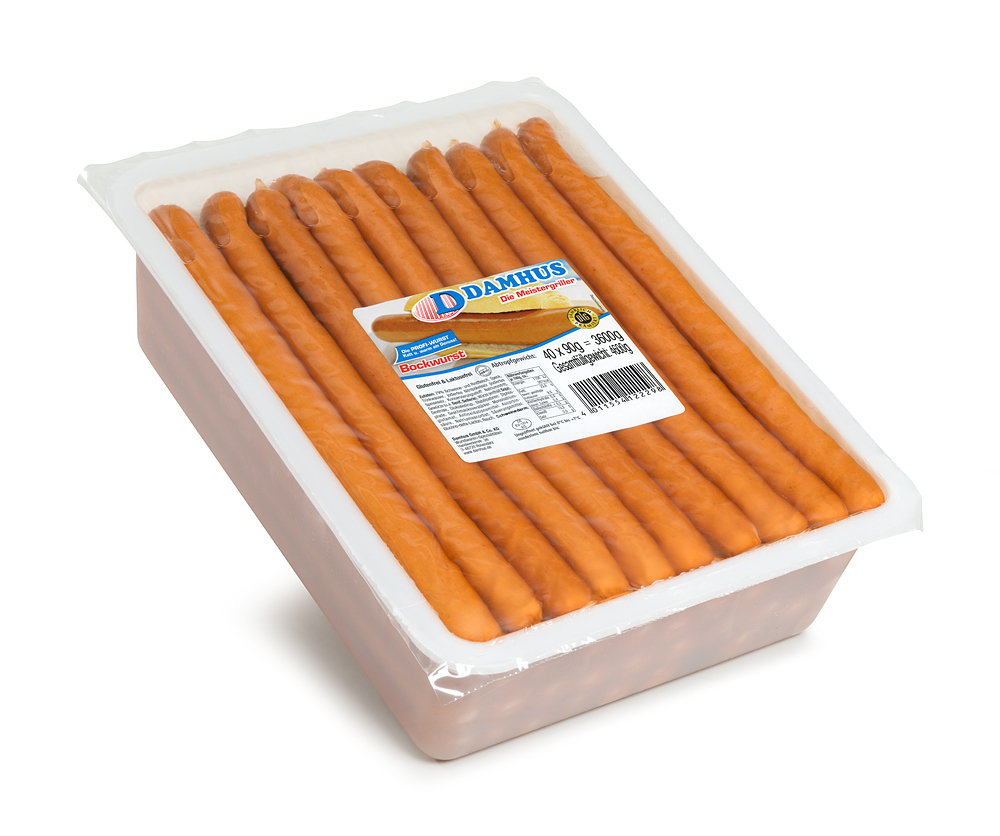 Damhus Bockwurst, 40x90g, EWS-Hülle Lange, schlanke Bockwürstchen in einer verschlossenen Schale mit Flüssigkeit.