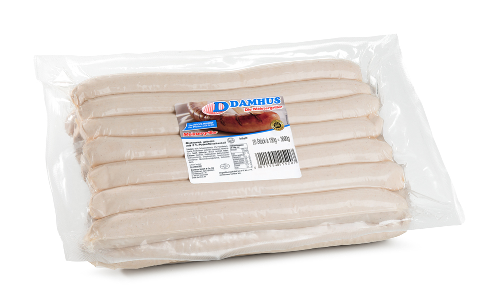 Damhus Bratwurst, 20x150g*, frisch, Naturdarm Eine Großverpackung ungebratener Bratwurst in einer Vakuumklarsichtverpackung.