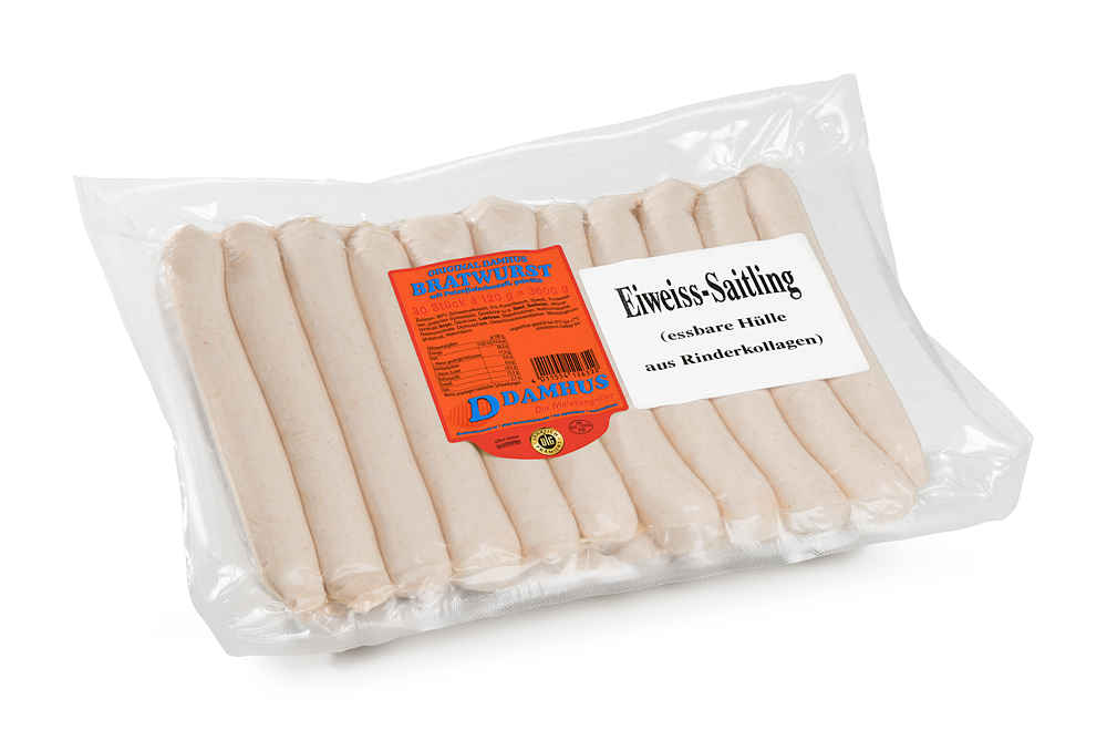 Damhus Bratwurst, 30x120g, frisch, EWS-Hülle Eine Großverpackung ungebratener, gerader Bratwurst in einer Vakuumklarsichtverpackung.