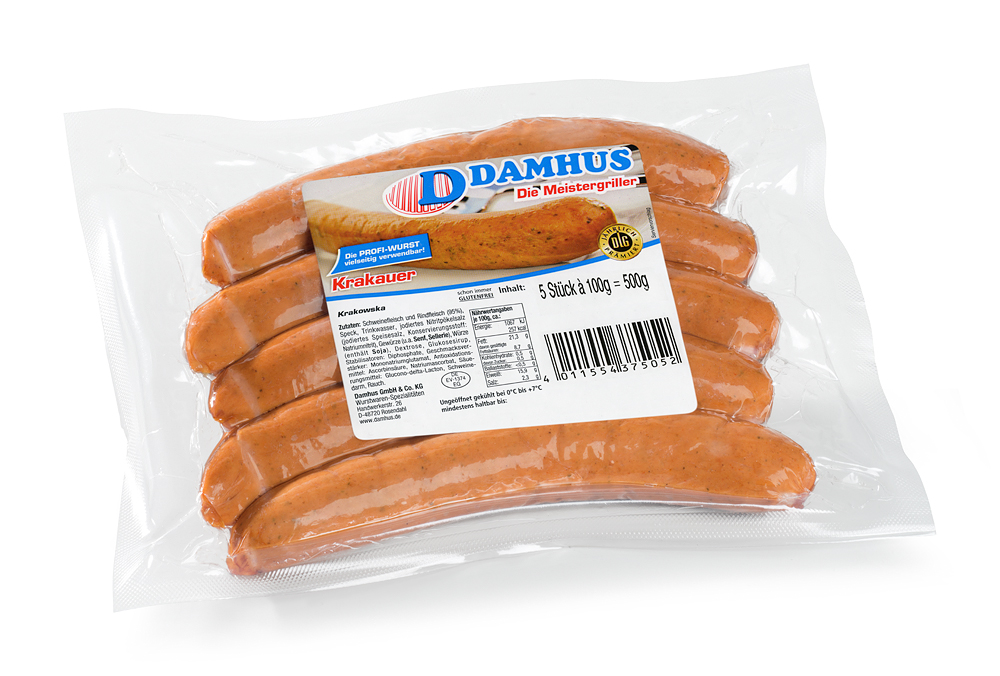 Damhus Krakauer, 5x100g, Naturdarm 5 Krakauerwürstchen in einer Vakuumklarsichtverpackung.