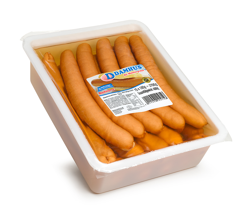 Damhus Bockwurst, 15x180g, Naturdarm Dicke Bockwürstchen in einer großen, verschlossenen Schale mit Flüssigkeit.