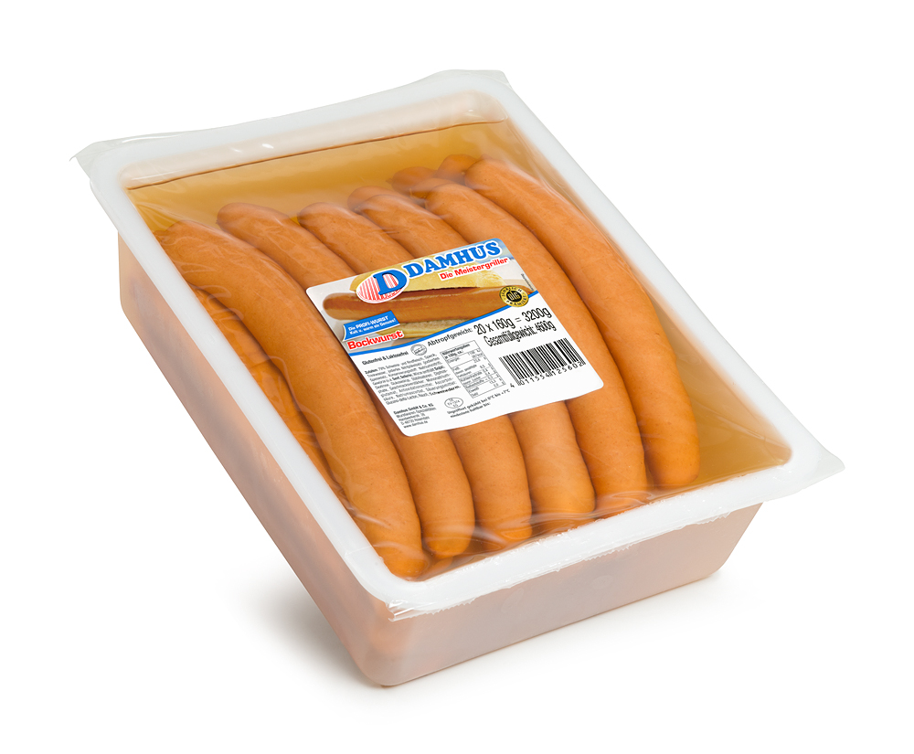 Damhus Bockwurst, 20x160g, Naturdarm Dicke Bockwürstchen in einer verschlossen Schale mit Flüssigkeit.