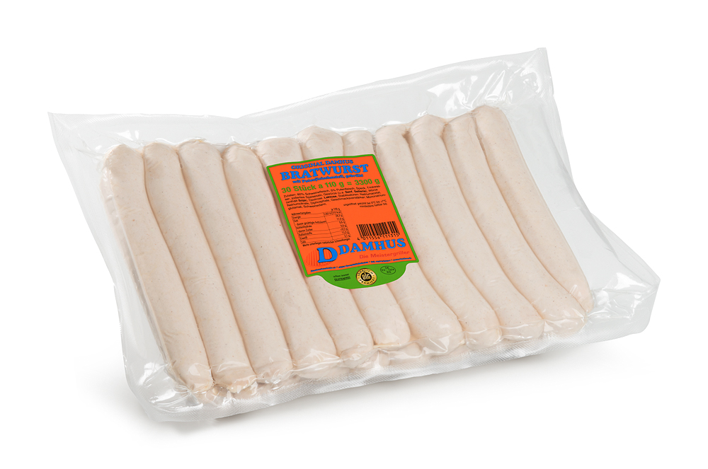 Damhus Bratwurst, 30x110g, frisch, Naturdarm Eine Großverpackung ungebratener Bratwurst in einer Vakuumklarsichtverpackung.