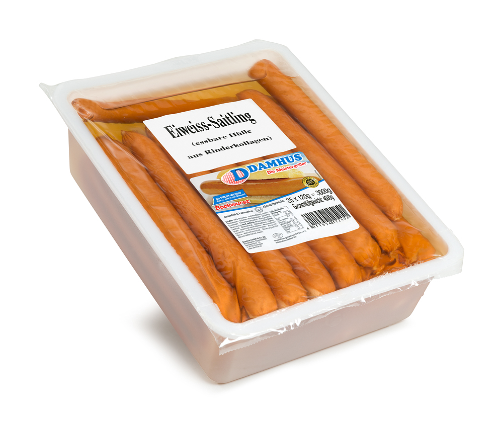 Damhus Bockwurst, 25x120g, EWS-Hülle Lange Bockwürstchen in einer großen, verschlossenen Schale mit Flüssigkeit.