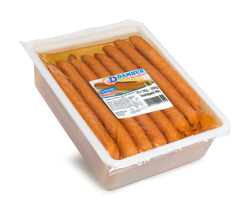 Lange, schlanke Bockwürstchen in einer großen, verschlossenen Schale mit Flüssigkeit.