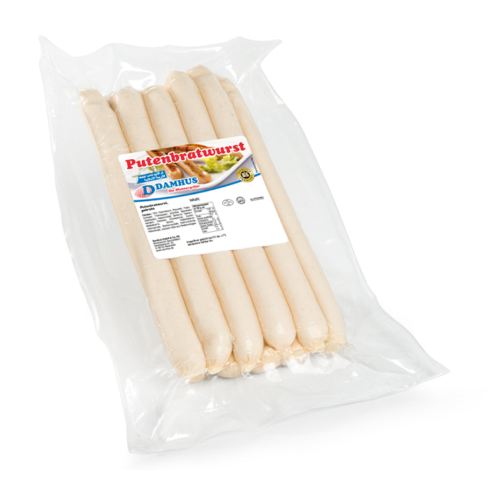 Damhus Putenbratwurst, 10x120g, EWS-Hülle 10 lange, ungebratene Putenbratwürstchen in einer Vakuumklarsichtverpackung.