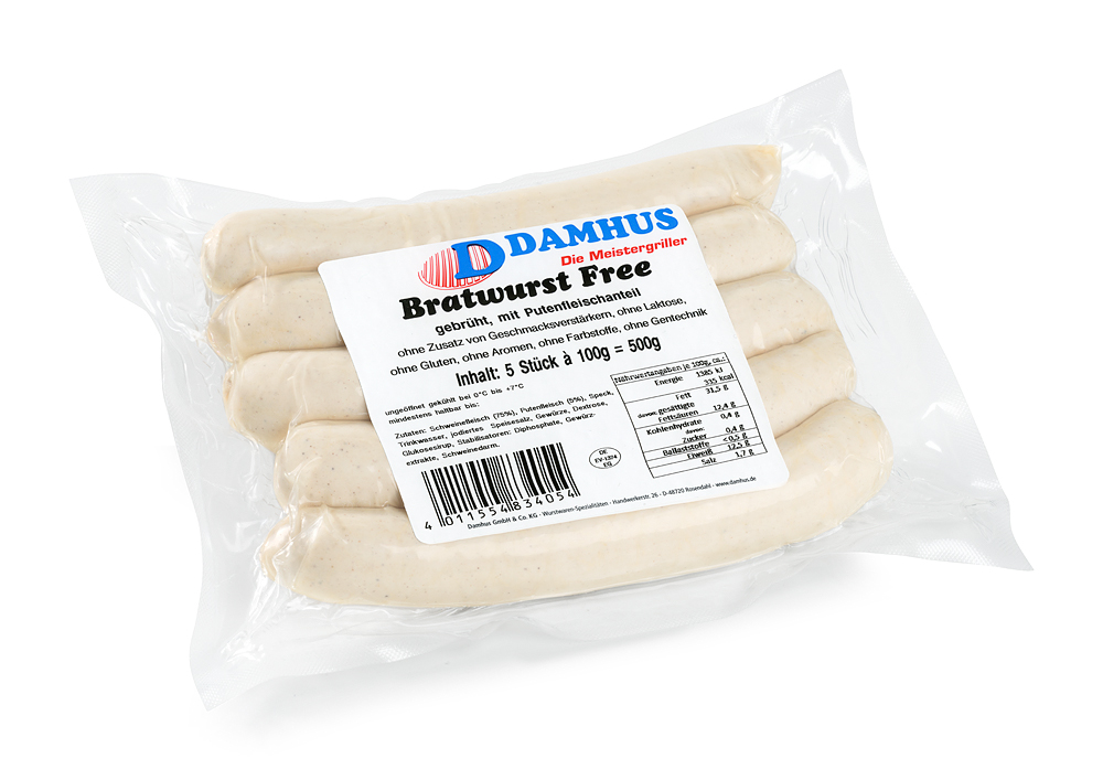 Damhus Bratwurst "FREE", 5x100g, (CLEAN LABEL) 5 ungebratene Bratwürstchen in einer Vakuumklarsichtverpackung.