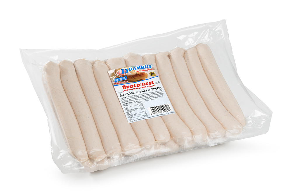 Damhus Bratwurst, 30x100g, frisch, Naturdarm Eine Großverpackung ungebratener Bratwurst in einer Vakuumklarsichtverpackung.