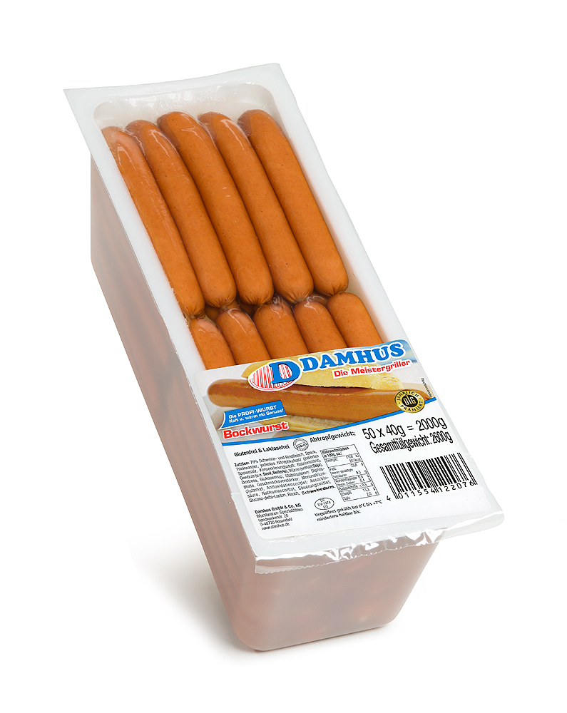 Damhus Bockwurst, 50x40g, EWS-Hülle Kurze, schlanke Bockwürstchen in einer großen, verschlossenen Schale mit Flüssigkeit.