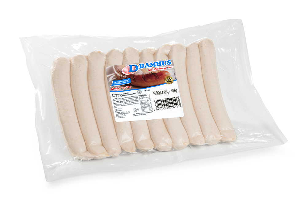 Damhus Bratwurst, 10x100g, past., Naturdarm Eine Großverpackung ungebratener Bratwurst in einer Vakuumklarsichtverpackung.