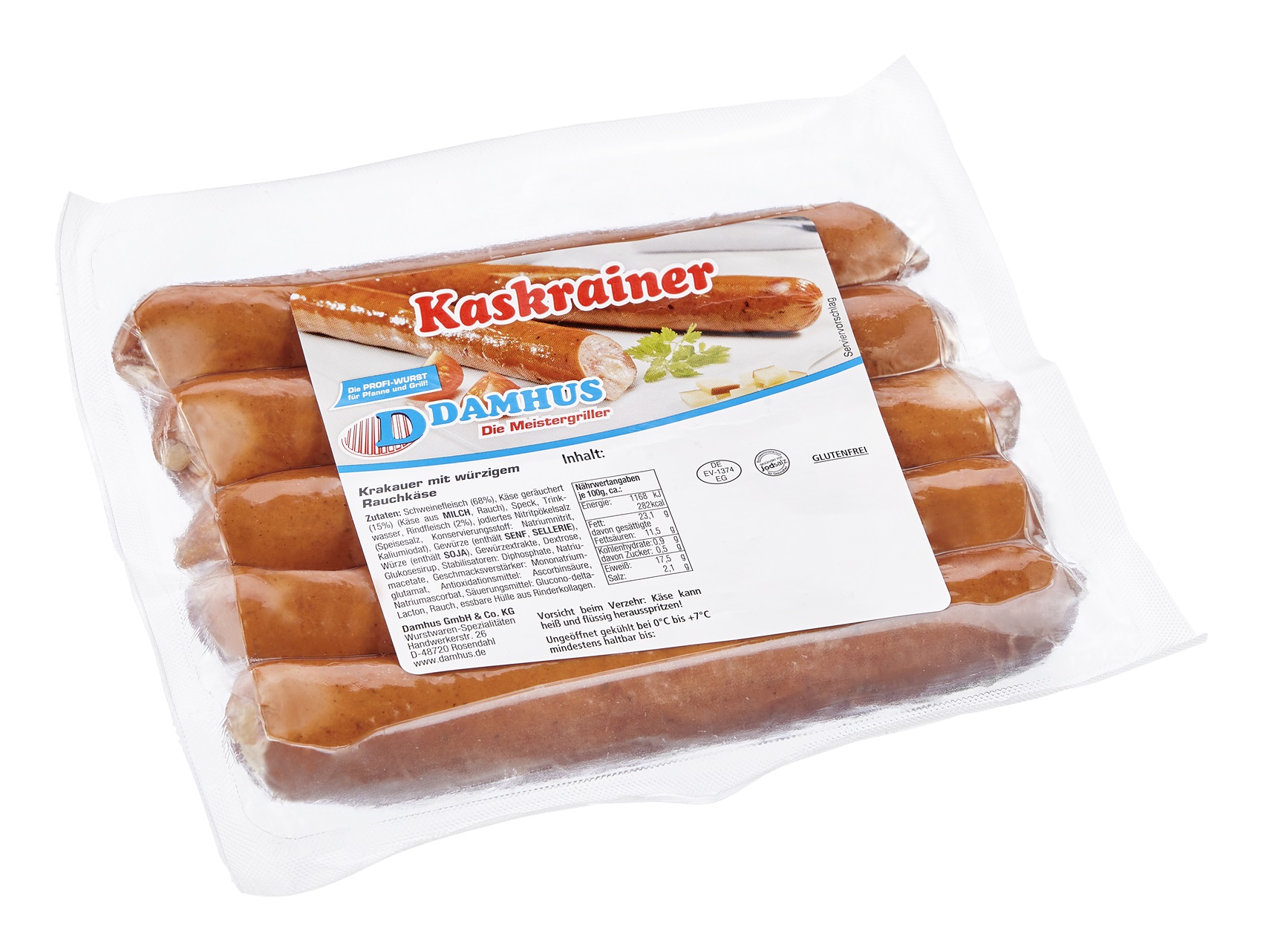 Damhus Kaskrainer, 5x80g, EWS-Hülle 5 Krakauer mit Käse in einer Vakuumklarsichtverpackung.