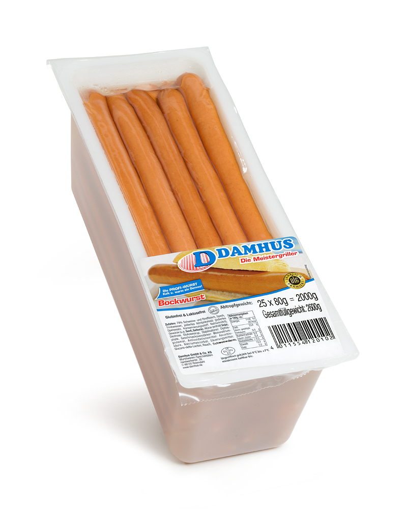 Damhus Bockwurst, 25x80g, EWS-Hülle Lange, schlanke Bockwürstchen in einer verschlossenen Schale mit Flüssigkeit.