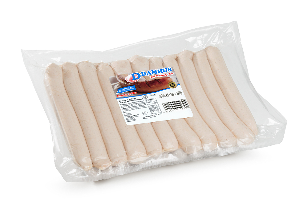 Damhus Bratwurst, 30x120g, past., Naturdarm Eine Großverpackung ungebratener Bratwurst in einer Vakuumklarsichtverpackung.
