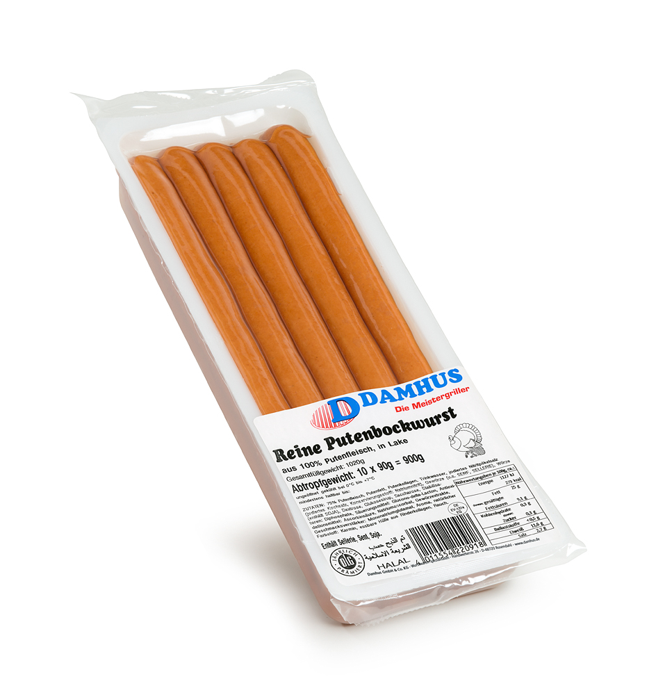 Damhus Putenbockwurst, 10x90g, EWS-Hülle Lange, schlanke Putenbockwürstchen in einer verschlossenen Schale mit Flüssigkeit.