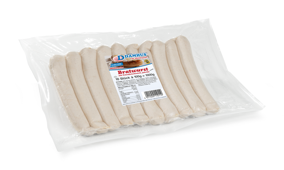 Damhus Bratwurst, 10x100g, frisch, Naturdarm 10 ungebratene Bratwürstchen in einer Vakuumklarsichtverpackung.