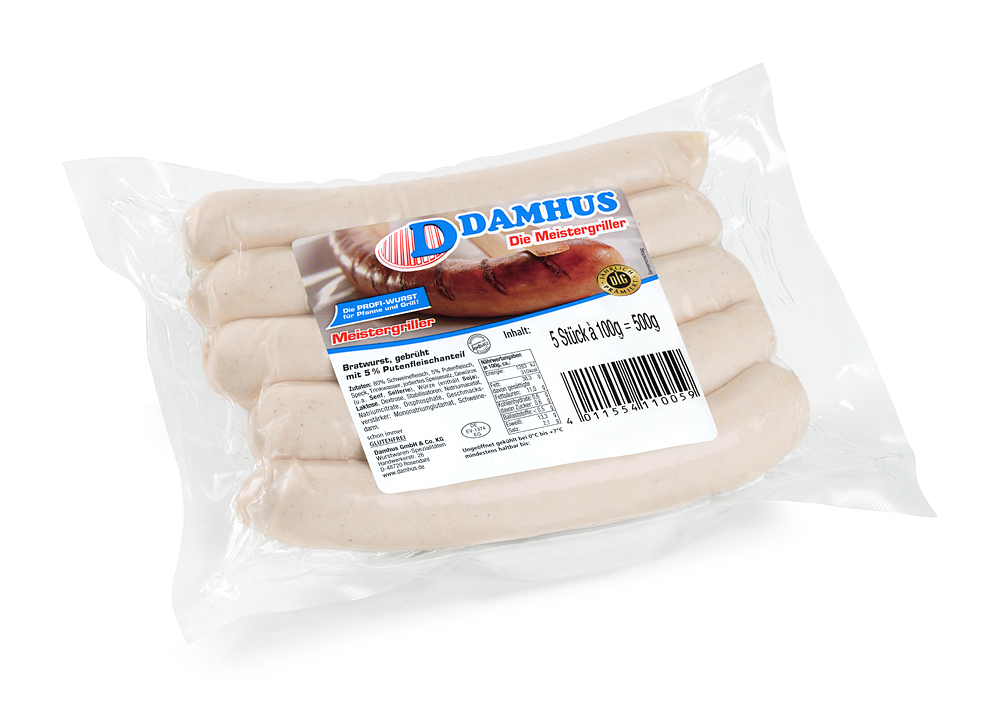 Damhus Bratwurst, 5x100g, past., Naturdarm 5 ungebratene Bratwürstchen in einer Vakuumklarsichtverpackung.
