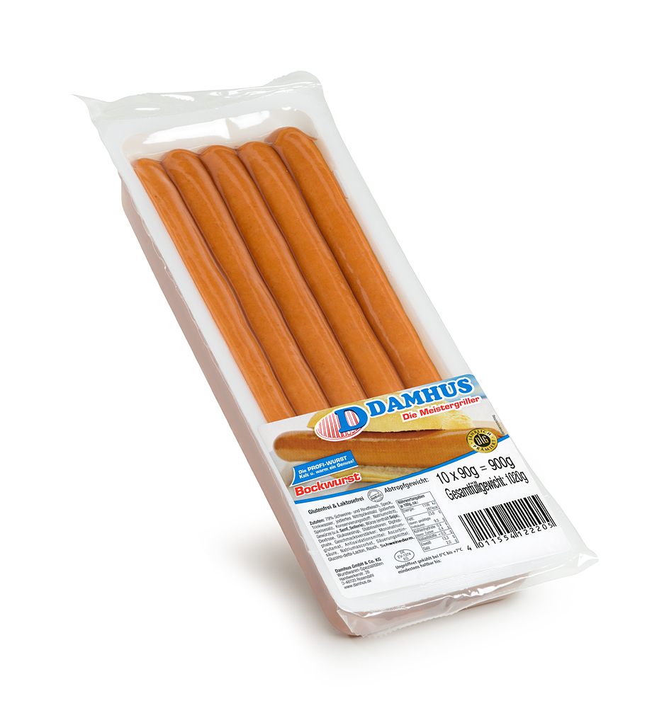 Damhus Bockwurst, 10x90g, EWS-Hülle Lange, schlanke Bockwürstchen in einer kleinen verschlossenen Schale mit Flüssigkeit.