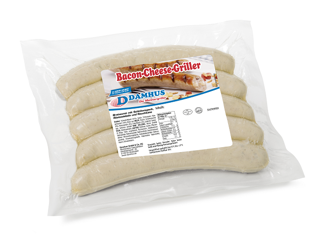 Damhus Bacon-Cheese-Griller, 5x80g, Naturdarm 5 ungebratene Bratwürstchen in einer Vakuumklarsichtverpackung.