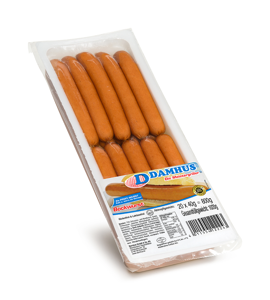 Damhus Bockwurst, 20x40g, EWS-Hülle Kurze, schlanke Bockwürstchen in einer verschlossenen Schale mit Flüssigkeit.