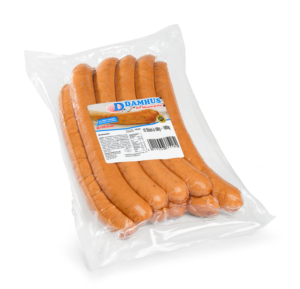 Damhus Krakauer, 10x180g, Naturdarm 10 Große, lange Krakauer in einer Vakuumklarsichtverpackung.